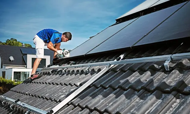 Handwerker montiert Solarmodule auf einem Dach. Dies geschieht unter Beachtung der hausanschluss strom vorschriften für eine sichere Installation.