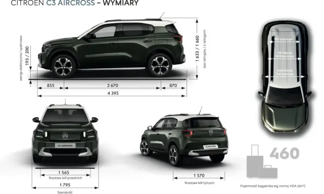 Citroën C3 Aircross wymiary: długość 4395 mm, szerokość 1795 mm, wysokość 1633/1660 mm. Rozstaw osi 2670 mm.