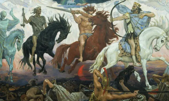 Czterej jeźdźcy Apokalipsy galopują, ukazując, jak wygląda koniec świata: śmierć, wojna, głód i zaraza.