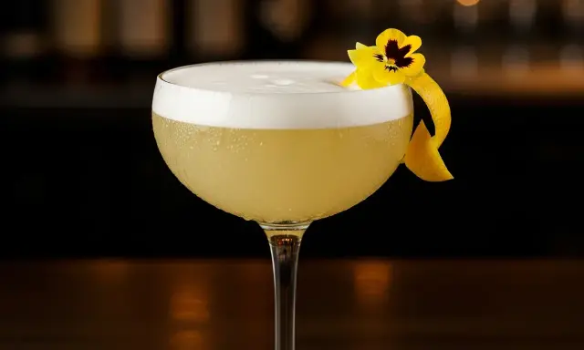 En elegant elderflower sour med skummig topp, garnerad med en citronskal och en liten blomma.