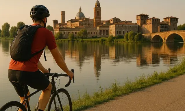 Ciclista ammira il panorama di Ferrara Mantova al tramonto, con riflessi sull'acqua.