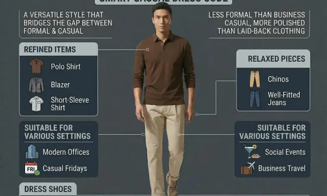 A man models a smart casual outfit, featuring a brown polo shirt and light-colored chinos. The graphic explains what chinos are as part of a relaxed clothing style.