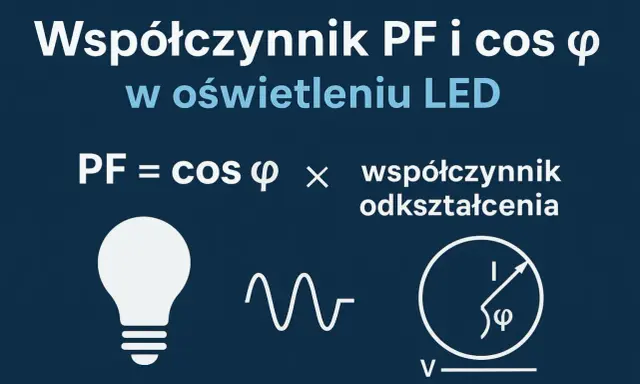 Wzór na moc prądu: PF = cos φ × współczynnik odkształcenia. Ilustracja przedstawia żarówkę, falę sinusoidalną i symbol fazy.