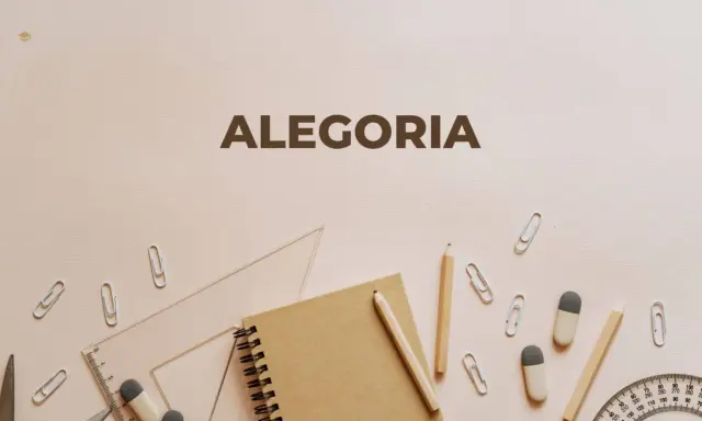 Narożnik z przyborami szkolnymi: linijka, ołówek, zeszyt, spinacze i gumki. Napis "ALEGORIA".
