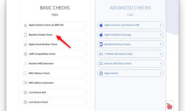 Chcesz wiedzieć, jak sprawdzić czy telefon ma simlock? Na liście "BASIC CHECKS" znajdziesz opcję "Apple Simlock Check via IMEI+SN".