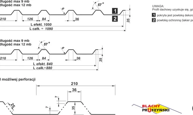 Schemat blachy trapezowej z wymiarami: szerokość fali 210, 126, 84 mm. Dostępne grubości 0,50 i 0,70 mm.