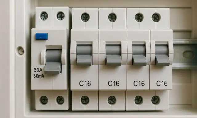 Disjoncteur différentiel 63A 30mA et quatre disjoncteurs C16 dans un tableau électrique.