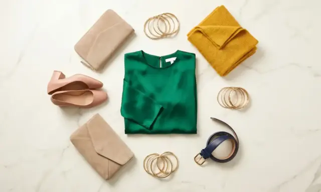 A deep green silk blouse is the centerpiece of this flat lay. What goes with dark green clothes? Think blush pink heels, beige clutches, a mustard yellow scarf, gold bangles, and a navy belt.
