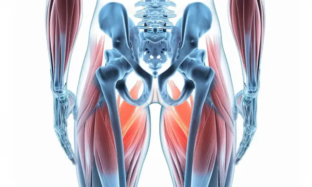 Anatomia miednicy i ud mężczyzny, ukazująca mięśnie dna miednicy, znane jako mięśnie Kegla, w czerwonym kolorze.