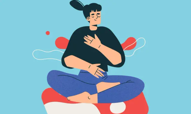 En person med slutna ögon sitter i meditationsställning, med händerna över bröstet och magen. En påminnelse om att kroppen talar till dig.
