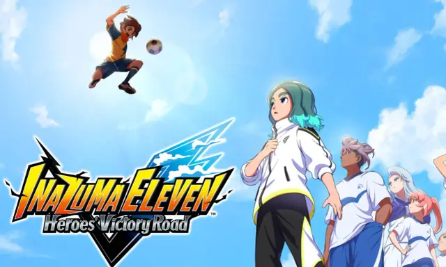 El equipo de Inazuma Eleven Heroes Victory Road se prepara para la victoria bajo un cielo azul.