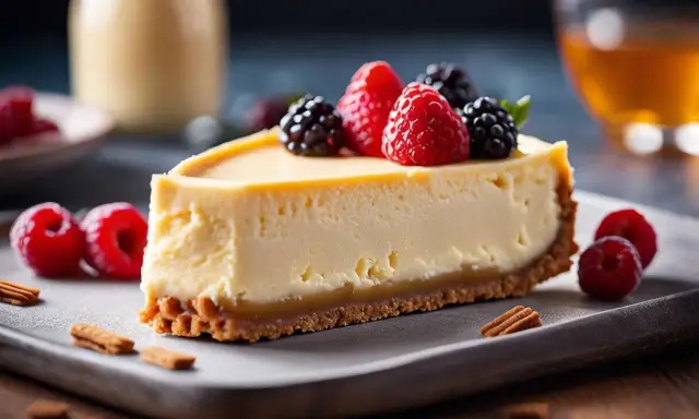 Tranche de cheesecake crémeux garnie de framboises et mûres, sur un lit de caramel et croûte biscuitée. Un délice de fourrage gâteau !