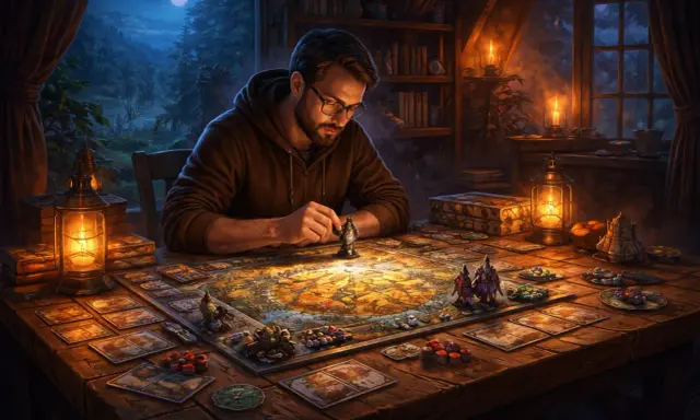 Mężczyzna gra w planszówkę, która wygląda jak jedna z najlepszych gier singleplayer. Nocny krajobraz za oknem i ciepłe światło lampy tworzą przytulną atmosferę.
