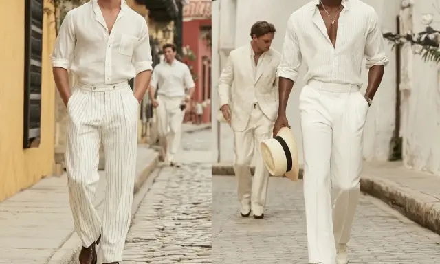 Uomini con un elegante outfit pantaloni bianchi a righe, camicie leggere e cappello di paglia passeggiano su un vicolo acciottolato.