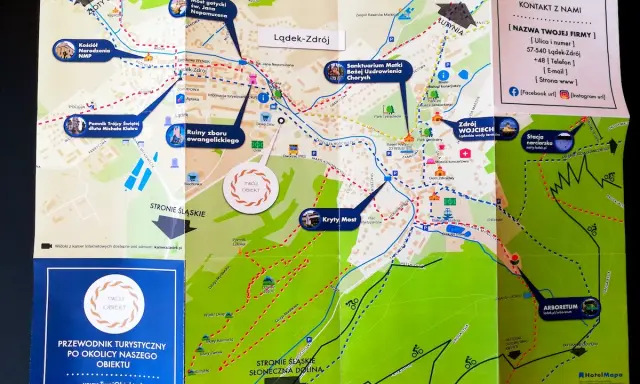 Mapa Lądka-Zdroju z zaznaczonymi atrakcjami, w tym Zdrojem Wojciech. Znajdziesz tu również informacje o **łądek zdroj** i okolicach.