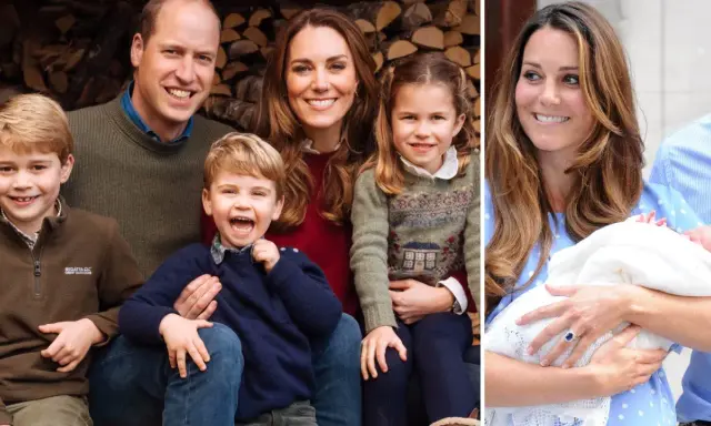 Prins William med sina barn, George, Charlotte och Louis, samt Kate som håller ett spädbarn.