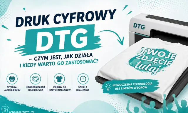 Maszyna cyfrowa DTG drukuje Twoje zdjęcie na koszulce. Nowoczesna technologia bez limitów wzorów.