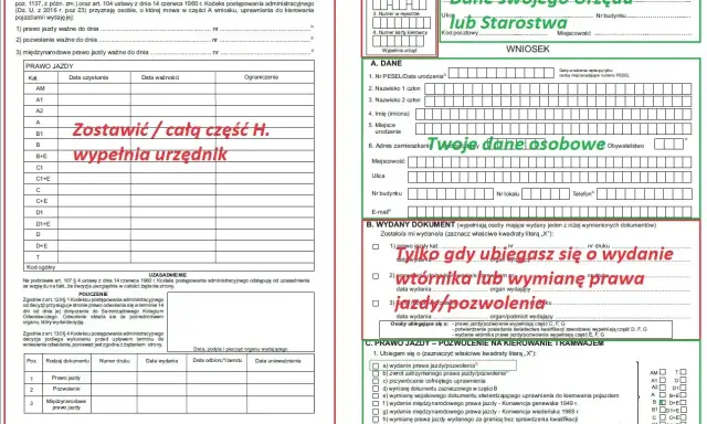 Wniosek o wydanie prawa jazdy po zatrzymaniu na 3 lata. Formularz zawiera dane urzędu, wnioskodawcy i informacje o wydanych dokumentach.