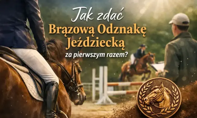 Brązowa odznaka jeździecka z wizerunkiem konia w wieńcu laurowym. W tle jeźdźcy i przeszkody.