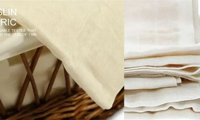 A close-up of a light-colored, woven muslin cotton fabric. The left side shows the fabric draped over a wicker basket, with text overlay. The right side displays a stack of folded muslin cotton.
