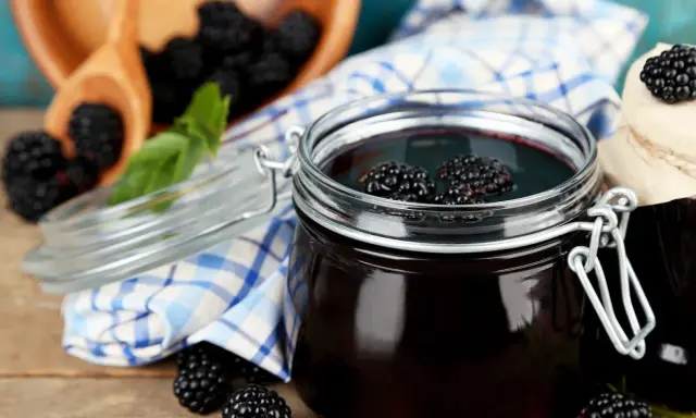 Ein Glas mit dunklem Brombeergelee, garniert mit frischen Brombeeren. Daneben ein Holzschälchen mit weiteren Brombeeren und ein kariertes Tuch. Verschiedene Brombeergelee Varianten zum Genießen.