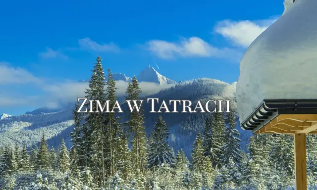 Zima w Tatrach Słowackich. Ośnieżone szczyty i lasy pod błękitnym niebem. Na pierwszym planie fragment drewnianej altany z grubą warstwą śniegu na dachu.