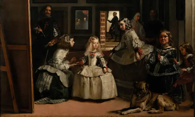 El prado para niños: Velázquez pinta a la infanta Margarita y su corte. Un perro descansa mientras el artista trabaja en un lienzo.