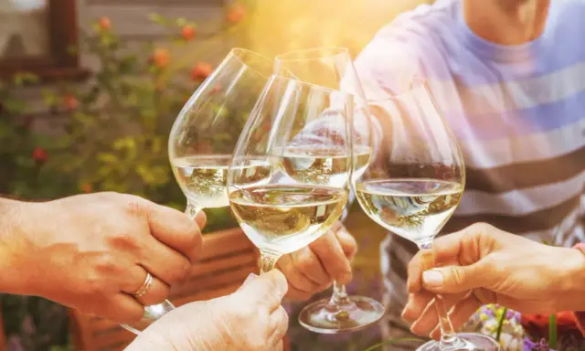 Ein fröhlicher weinabend mit freunden im Garten. Gläser mit Weißwein stoßen an, die Sonne scheint.