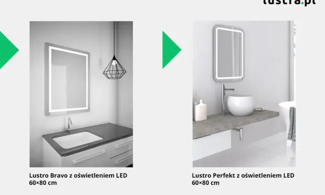 Łazienkowe lustra z LED. Na jakiej wysokości kinkiet nad lustrem? Oba modele mają nowoczesny design.