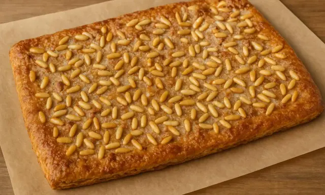 Deliciosa coca de llardons con piñones dorados, lista para disfrutar.