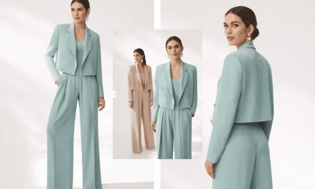 Modello indossa un completo laurea verde acqua con giacca corta e pantaloni a palazzo. Elegante e moderno.