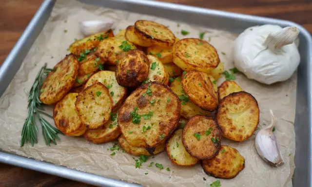 Knusprige Kartoffelscheiben aus dem Airfryer, garniert mit Petersilie, daneben Rosmarin, Knoblauch und eine ganze Knoblauchknolle.