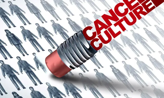 Gomme effaçant des silhouettes humaines, symbolisant la "cancel culture" qui efface des individus de la société.
