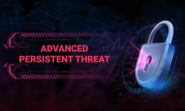 Ein leuchtendes Vorhängeschloss symbolisiert die Abwehr eines **advanced persistent threat**. Digitale Muster und Totenköpfe im Hintergrund deuten auf Cybergefahren hin.