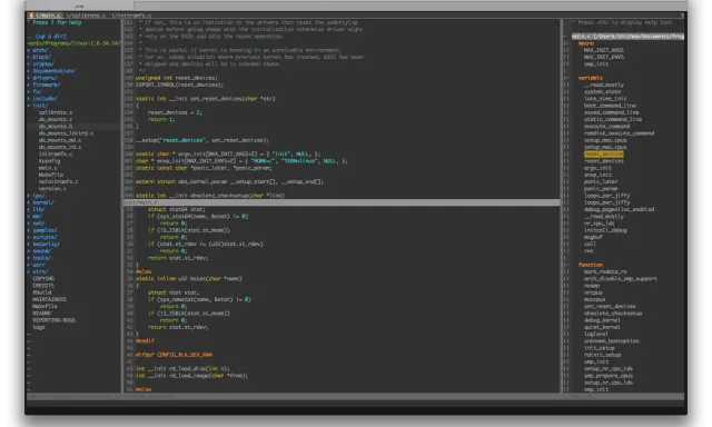 Kod C++ w edytorze Vim. Widoczny fragment kodu dotyczy inicjalizacji systemu i obsługi urządzeń.