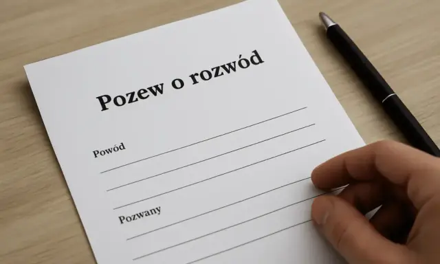 Dokument "Pozew o rozwód" z polami na wpisanie powodów i danych pozwanego. Długopis i dłoń sugerują przygotowanie argumentów do rozwodu.
