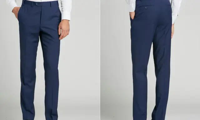 Front and back views of navy blue dress pants. These pants are tailored for a clean look, demonstrating the unhemmed pants meaning of a raw edge ready for custom fitting.