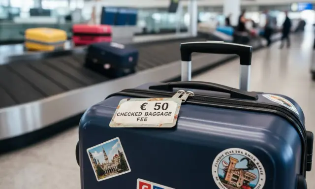 Granatowa walizka z etykietą "€ 50 CHECKED BAGGAGE FEE" na taśmie bagażowej na lotnisku.