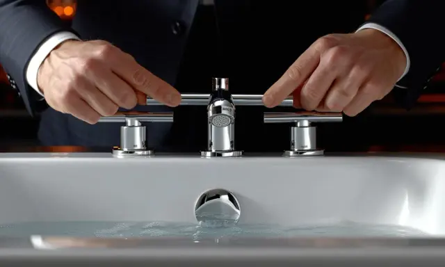 Mains d'un homme en costume ajustant un robinet de luxe. Le raccord asymétrique du mitigeur est mis en valeur.