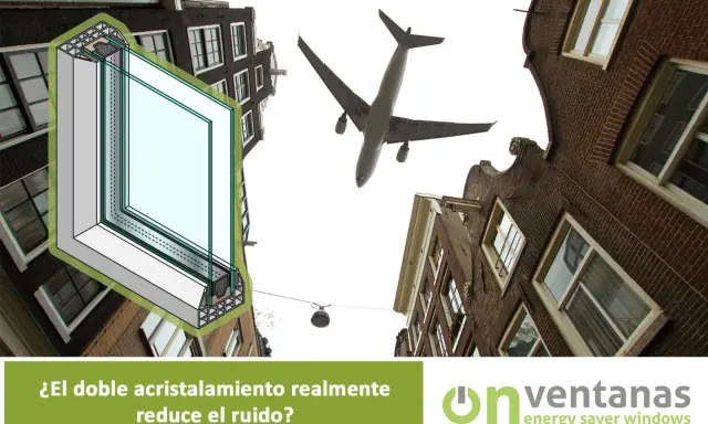 Ilustración de un perfil intercalario para doble acristalamiento, con un avión sobrevolando edificios.