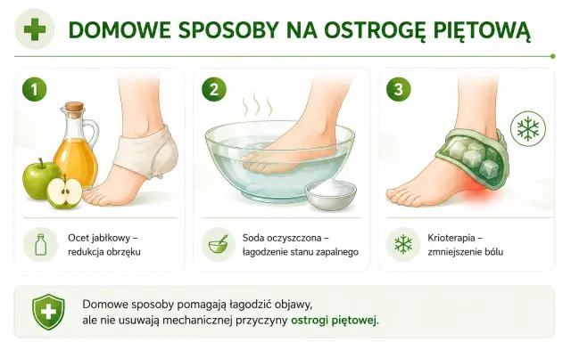 Babcine sposoby na ostrogi piętowe: okład z octu jabłkowego, kąpiel z sodą, krioterapia. Pomagają łagodzić objawy.