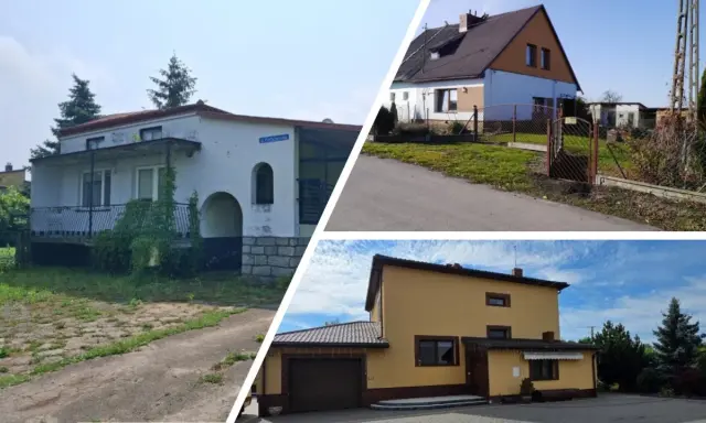 Trzy domy, jeden z balkonem, drugi z bramą, trzeci żółty z garażem. Potencjalna licytacja nieruchomości kpc.