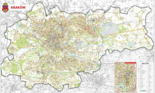 Szczegółowy plan Krakowa z zaznaczonymi drogami, parkami i osiedlami. Widoczny jest również wycinek centrum miasta w większej skali.