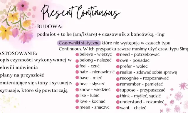 Present Continuous: budowa, zastosowanie i czasowniki statyczne. Terazniejsze czasy w języku angielskim.