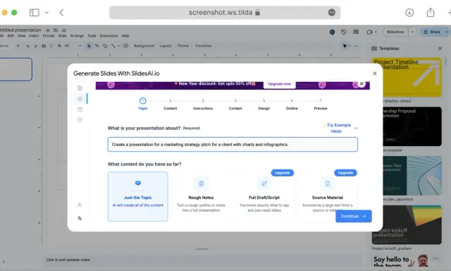 Genera slide con SlidesAI.io: crea una presentazione per un pitch di strategia di marketing.