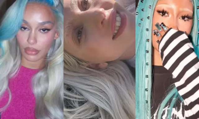 Trois femmes aux cheveux bleus et blancs, avec une **dépigmentation sourcils** audacieuse. L'une porte un pull fuchsia, l'autre est allongée, la troisième a des clous sur ses cheveux.