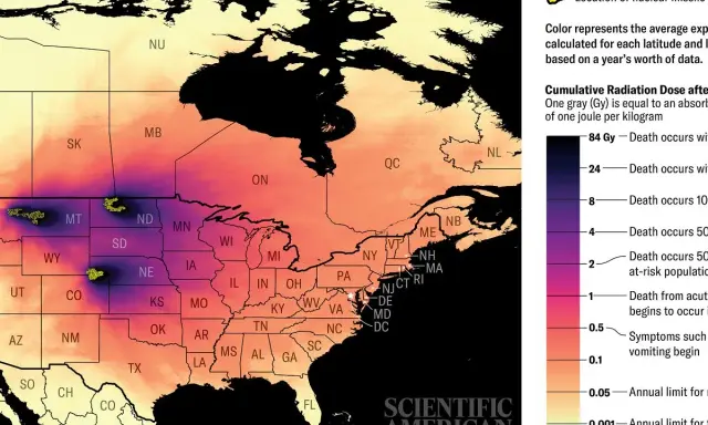 Mapa USA i Kanady z zaznaczonymi obszarami o różnym natężeniu promieniowania, symulująca skutki wybuchu bomby atomowej.