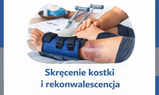 Osoba z widocznym siniakiem i opaską stabilizującą na kostce, obok kul. Objawy skręcenia kostki są widoczne.