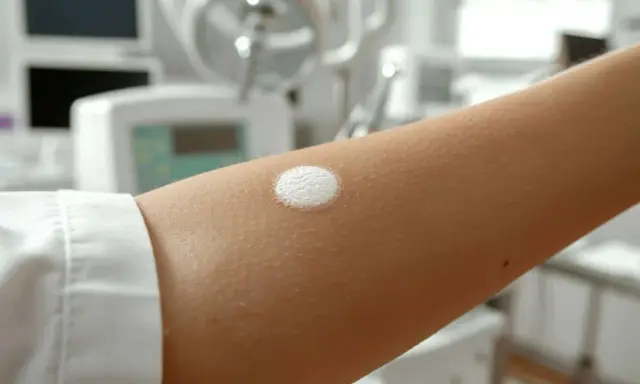 Une plaque blanche sur la peau, appliquée sur un bras dans un environnement médical.