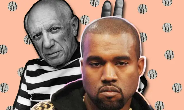 Kanye West i Picasso, dwaj artyści z różnych epok, zestawieni na pastelowym tle z kropkami.